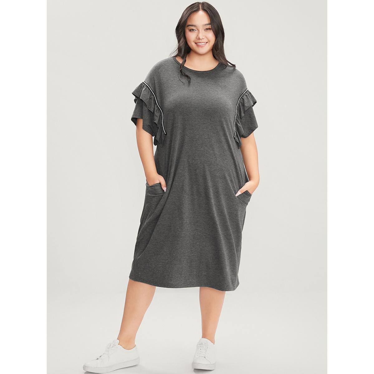 Plus Size Solid Round Neck Pocket Beaded Webbing Ruffle Trim Dress DimGray Women Casual Gathered Round Neck Short sleeve Curvy Midi Dress BloomChic 14-16/1X Product Image