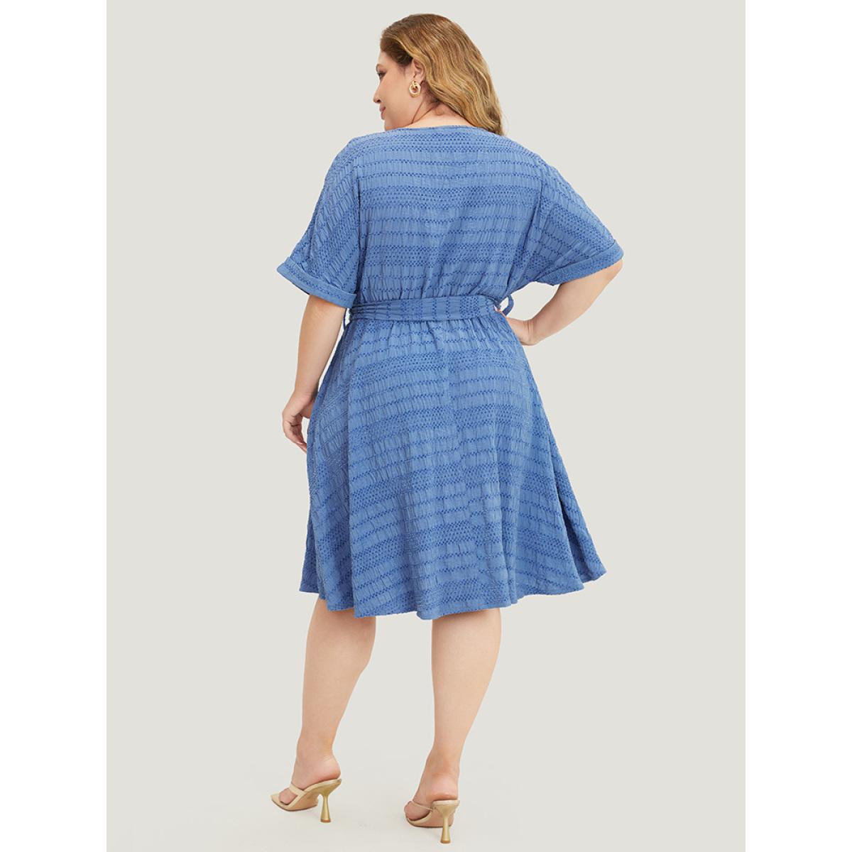 Plus Size Solid Textured Pocket Roll Batwing Sleeve Button Up Knee Dress Stone Women Office Cross straps V-neck Short sleeve Curvy Knee Dress BloomChic 28/5X Product Image