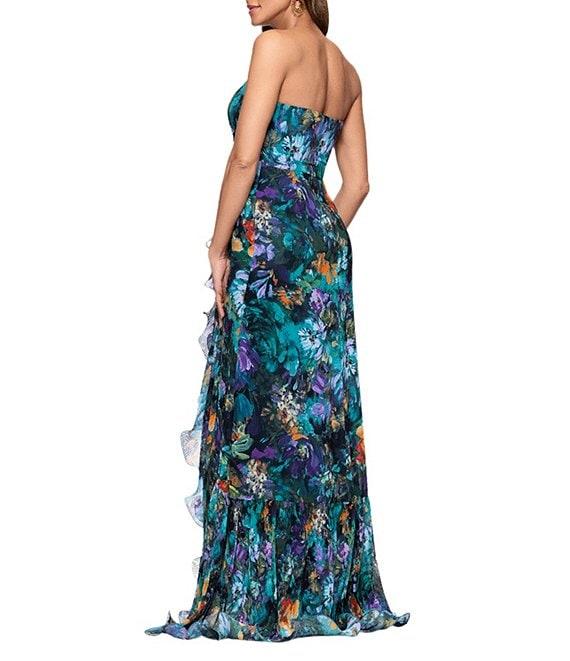 Xscape Petite Size Strapless Floral Print Ruffle Maxi Gown Product Image