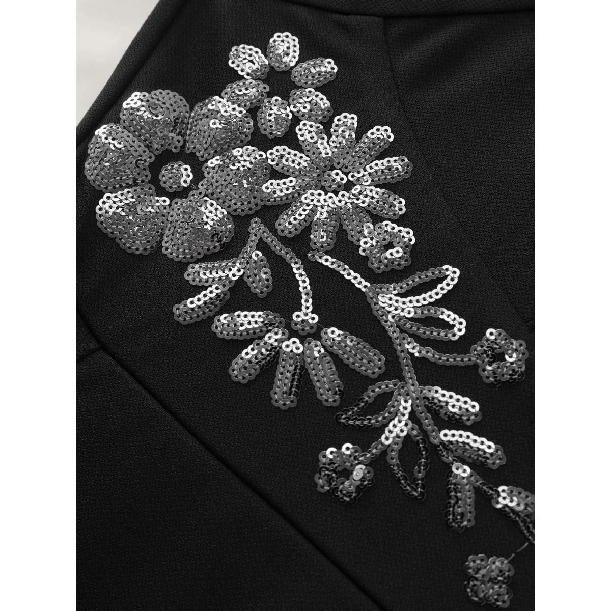 Plus Size Sequin Embroidery Waist-Defining Pocket Knee Dress Black Women Party&Cocktail Asymmetrical Neck Long Sleeve Curvy BloomChic 14-16/1X Product Image