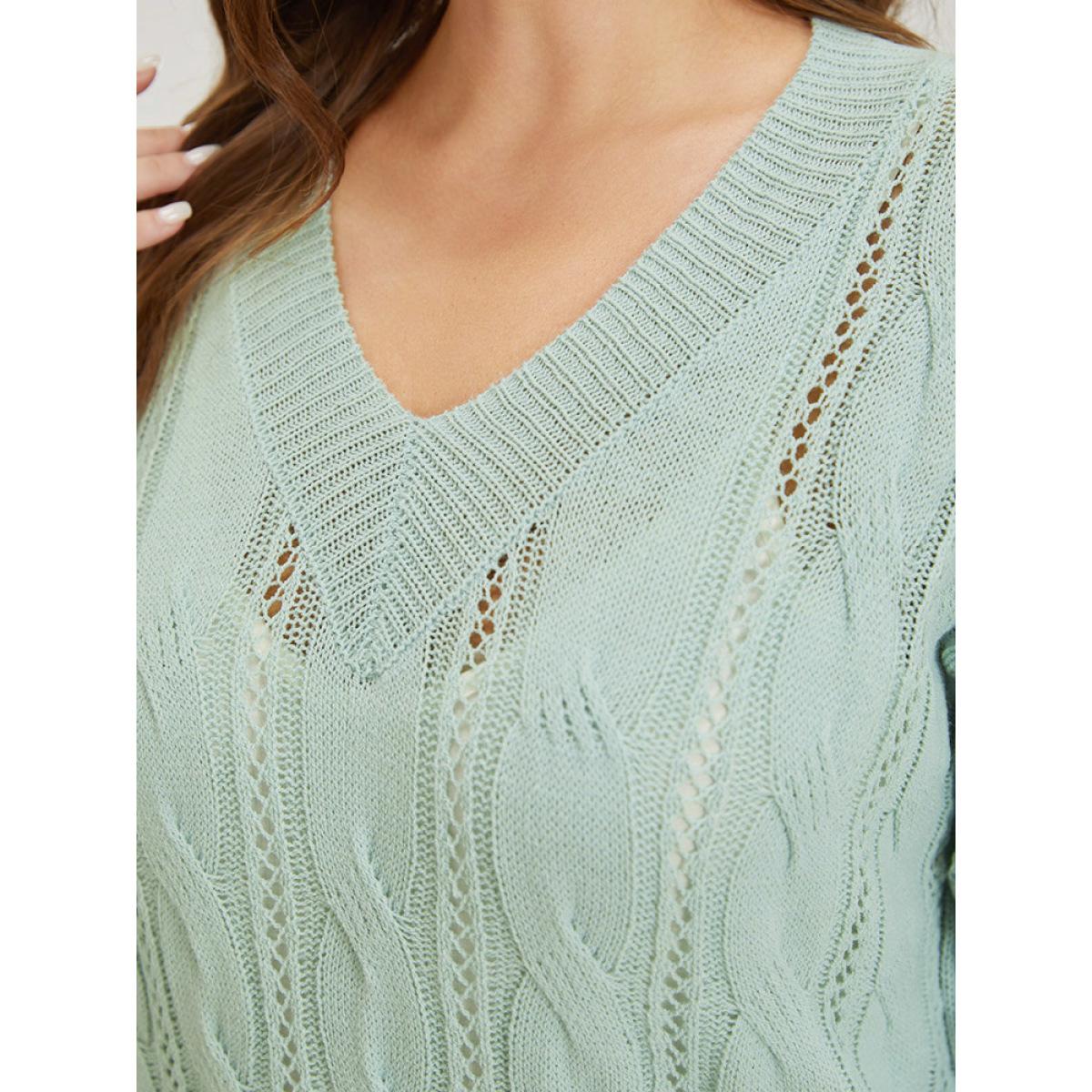 Plus Size Plain Cable Knit Drop Shoulder Pullover LightGreen Women Casual Loose Long Sleeve V-neck Dailywear Pullovers BloomChic 10/M Product Image