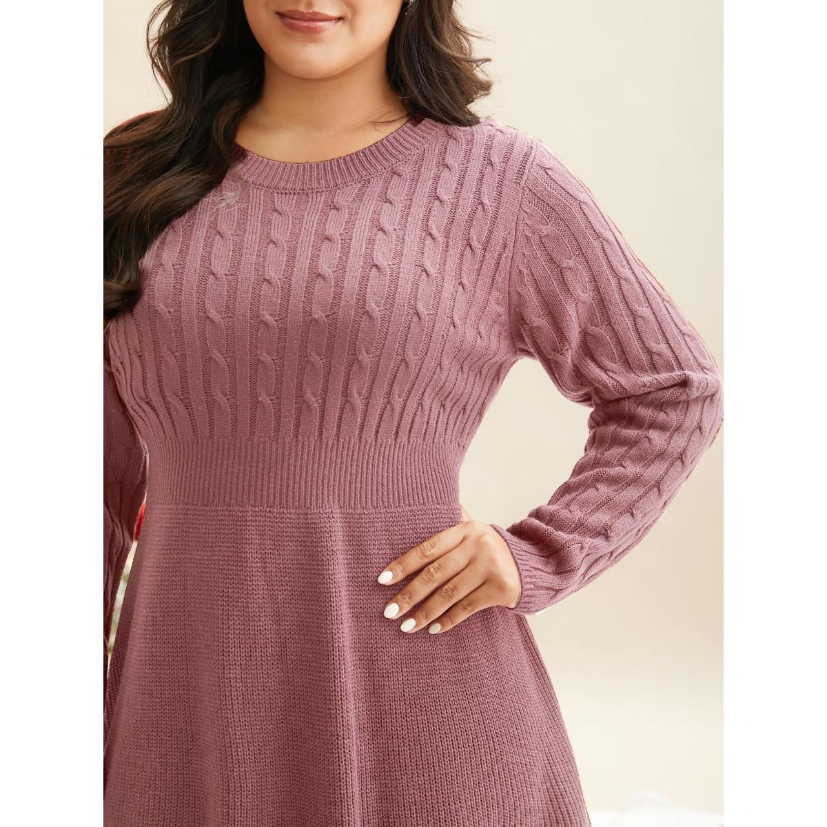 Plus Size Cable Knit Fit-and-Flare Midi Sweater Dress Beanpastepowder Women Elegant Bodycon Long Sleeve Everyday Sweater Dresses BloomChic 26/4X Product Image
