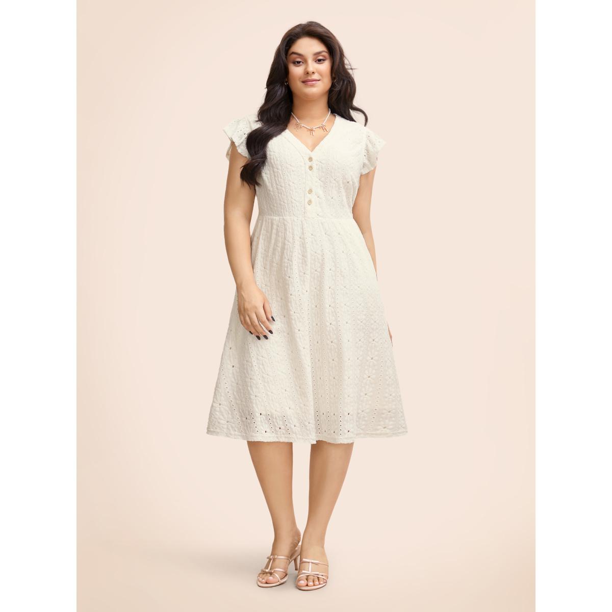 Plus Size Textured Button Detail Cap Sleeve Dress Ivory Women Elegant Texture V-neck Cap Sleeve Curvy BloomChic 18-20/2X Product Image