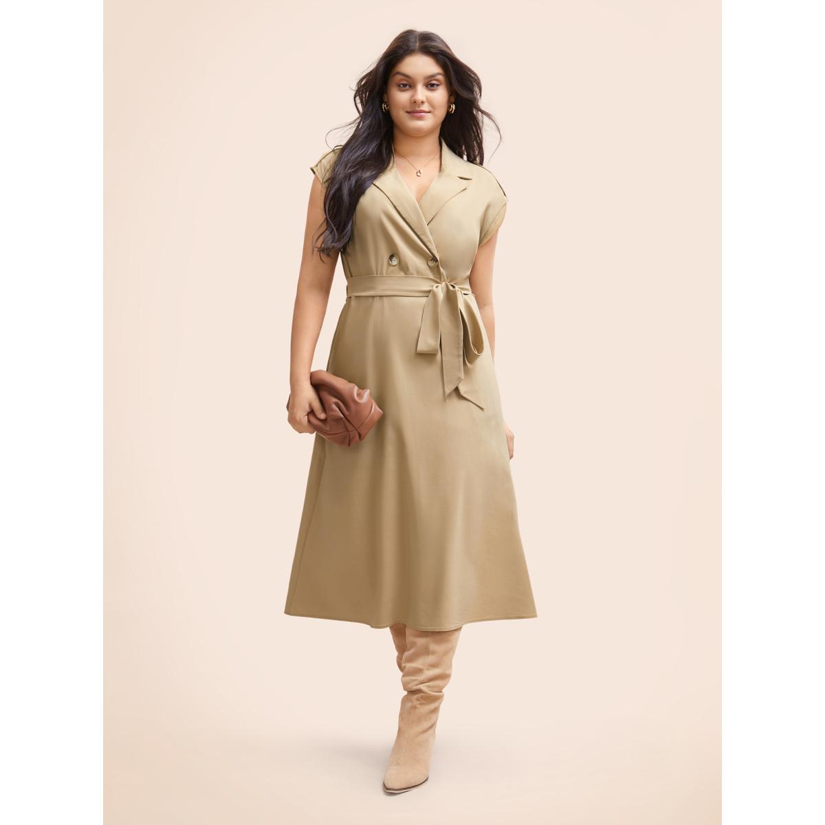 Plus Size Suit Collar Plain Belted Midi Dress Champagne Women At the Office Belted Suit Collar Sleeveless Curvy BloomChic 28/5X Product Image