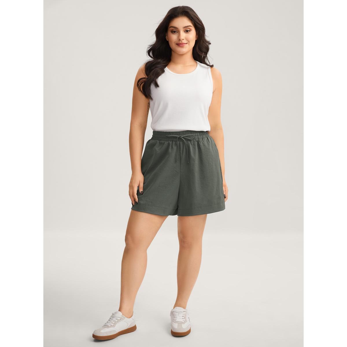 Plus Size Waist-Tie Solid Wide-Leg Shorts Women ArmyGreen Leisure Drawstring Wide Leg Casual Shorts BloomChic 18-20/2X Product Image