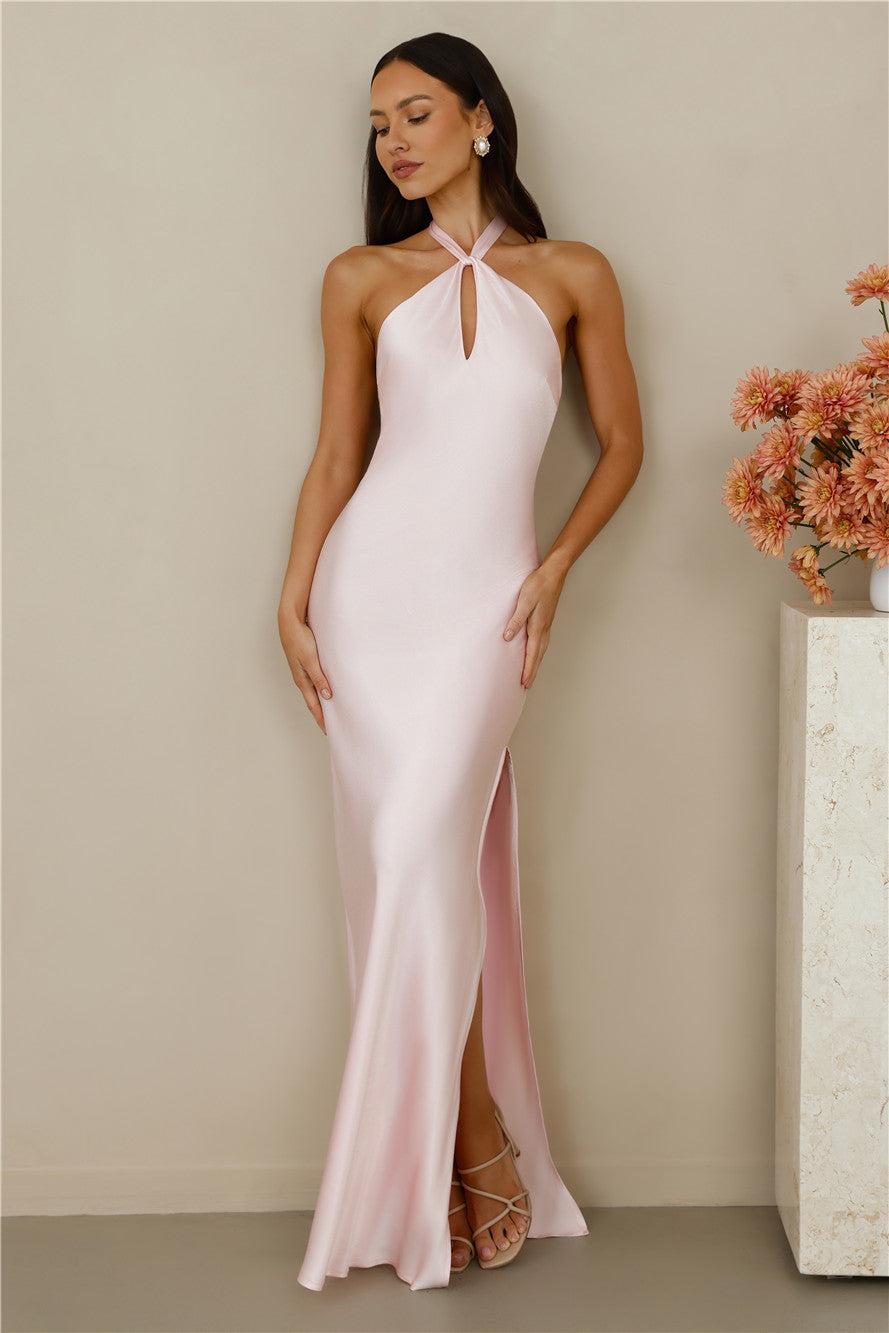 The Delilah Satin Halter Maxi Dress Pink Product Image