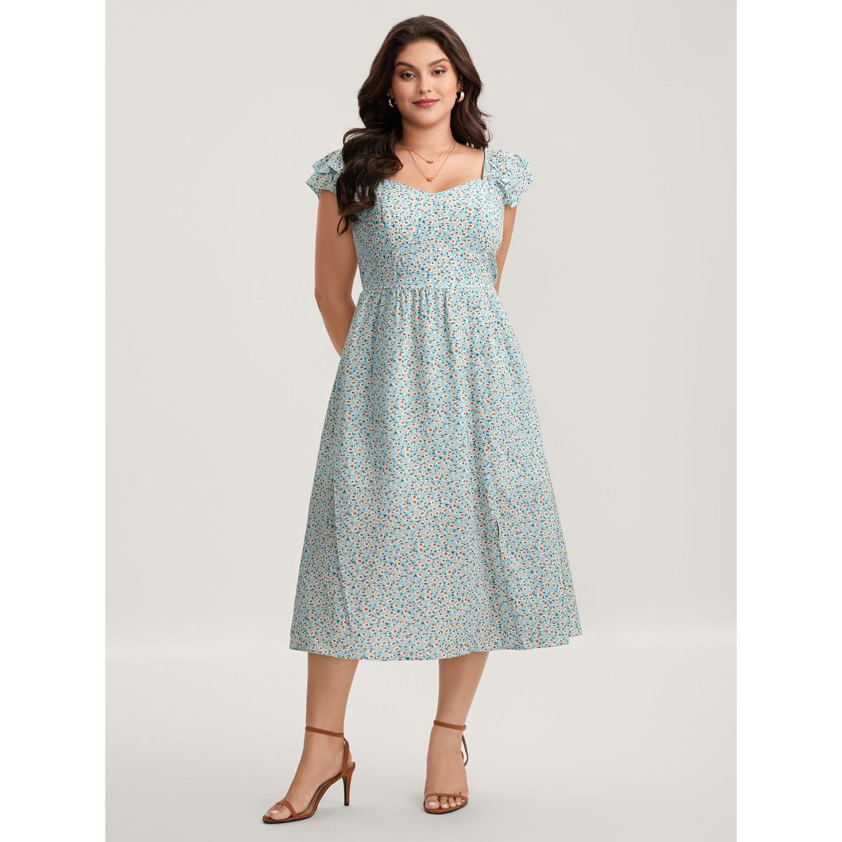 Plus Size Ditsy Floral Print Layered Ruffle Midi Dress Skyblue Women Slit Heart neckline Cap Sleeve Curvy BloomChic 18-20/2X Product Image