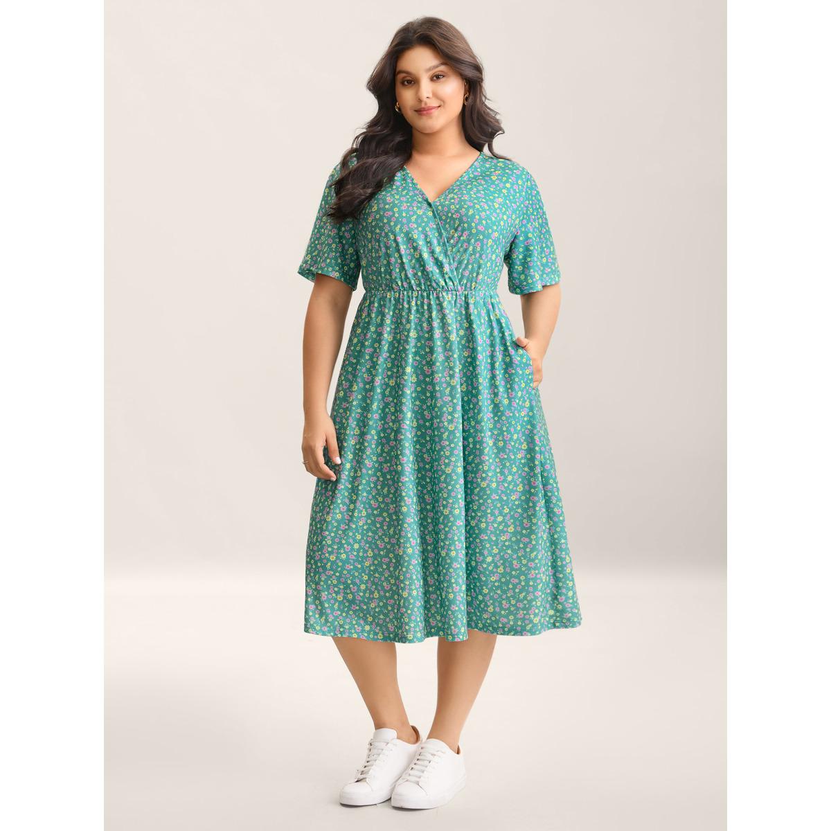 Plus Size Floral Print Surplice Neck Midi Dress Mint Women Overlap Collar Short sleeve Curvy BloomChic 22-24/3X Product Image