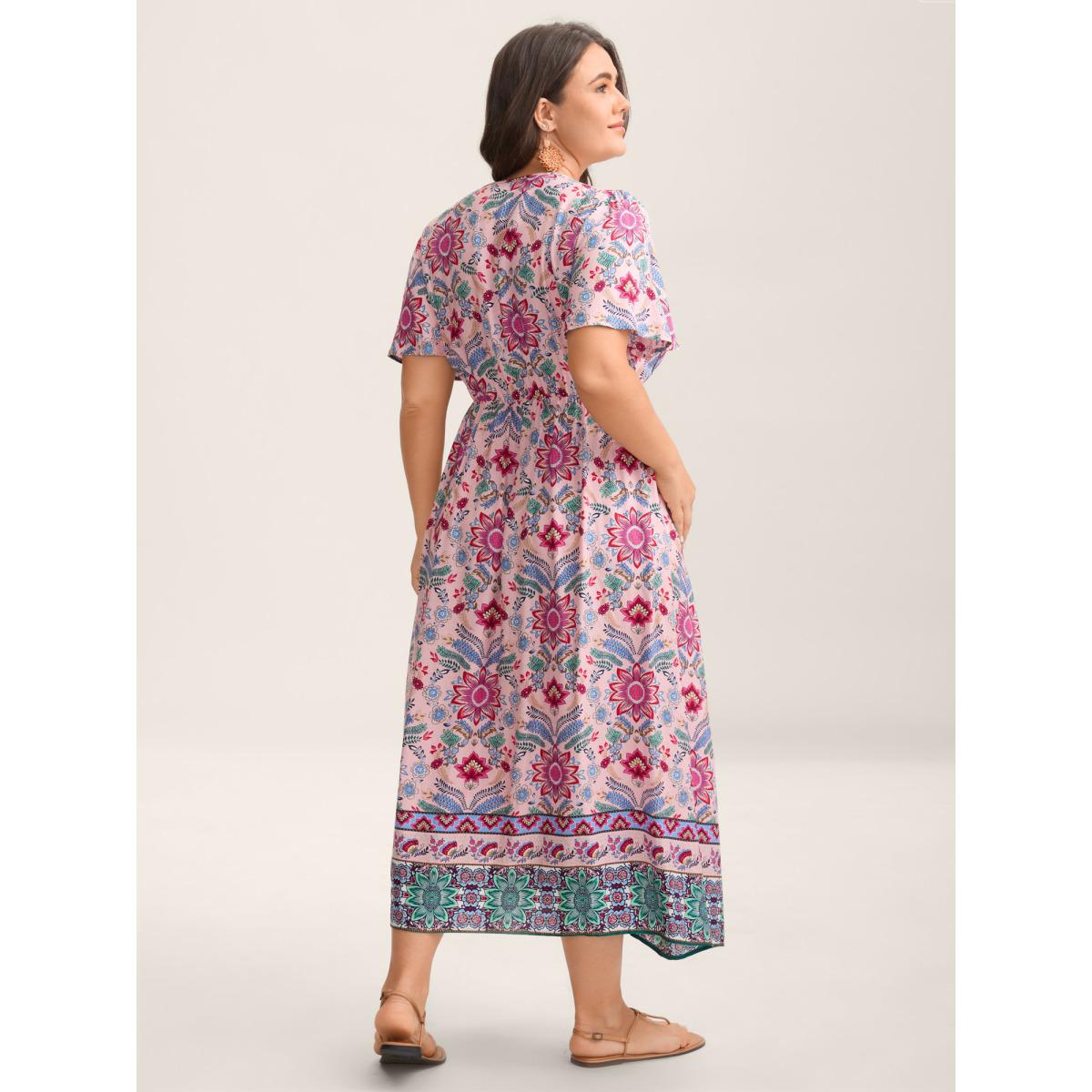 Plus Size Rayon Floral Print A-Line Buttons Midi Dress Crepe Women V-neck Short sleeve Curvy BloomChic 22-24/3X Product Image