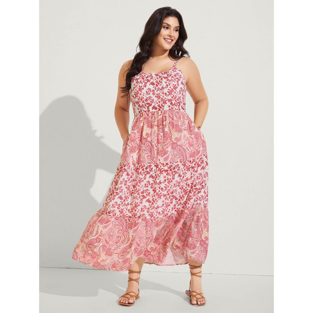 Plus Size Floral Paisley Print Cami Pockets Midi Dress Crepe Women U-neck Sleeveless Curvy BloomChic 10/M Product Image