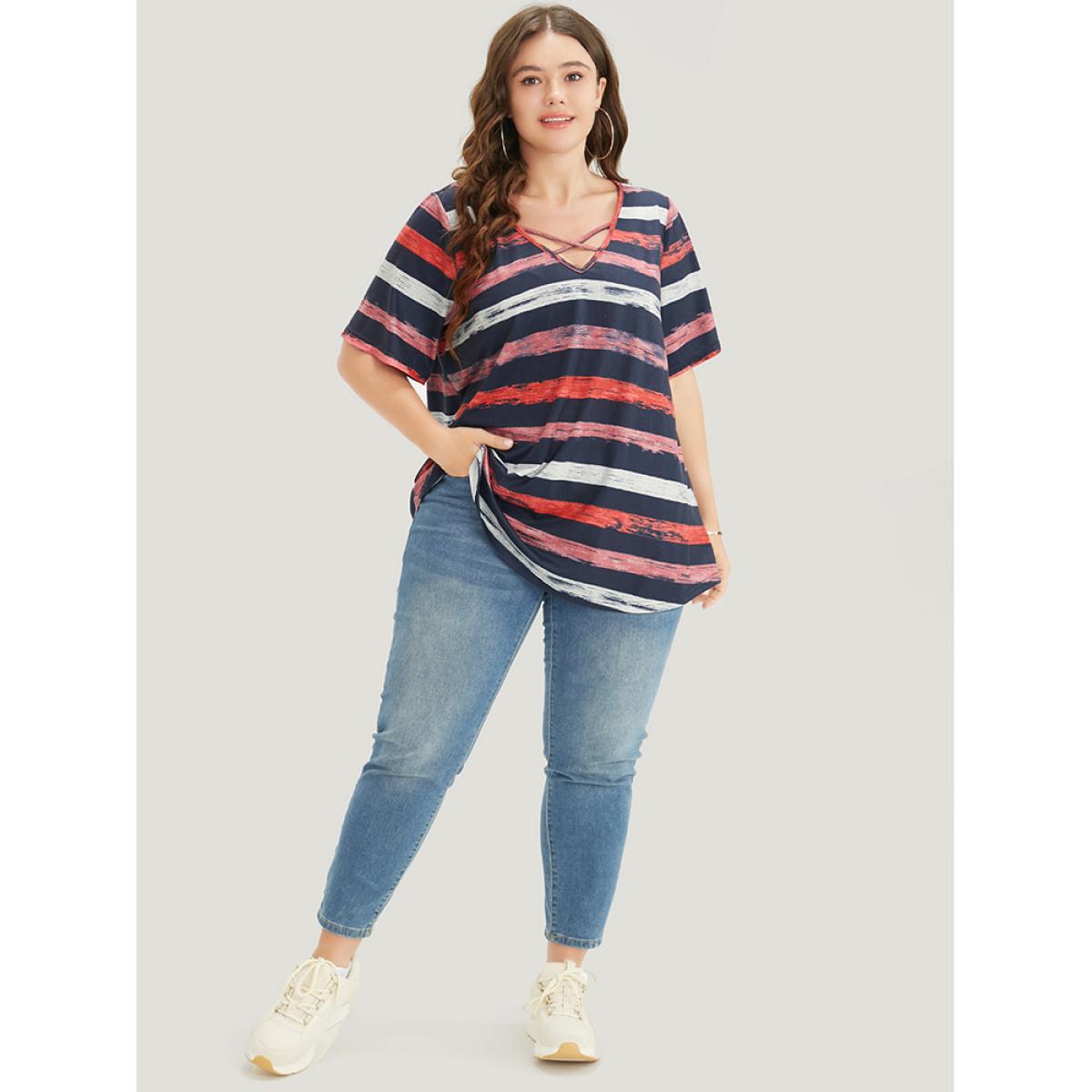 Plus Size Striped Contrast Crisscross Neck T-shirt Midnight Women Casual Striped V-neck Dailywear T-shirts BloomChic 10/M Product Image