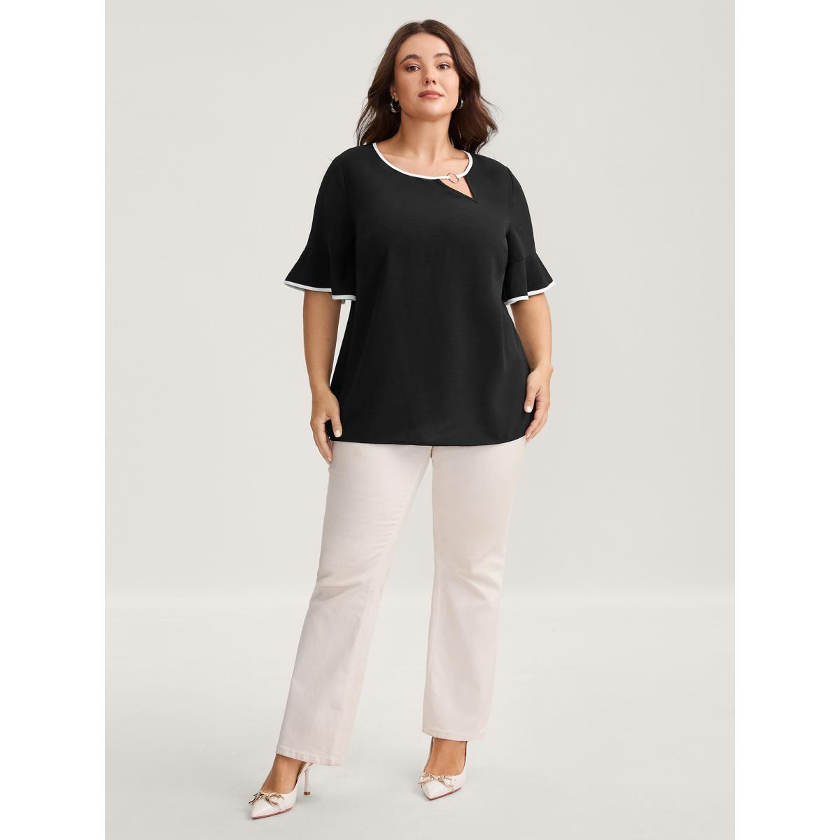 Plus Size Black Metal Color Contrast Asymmetrical Neck Blouse Women Half Sleeve Round Neck Work Blouses BloomChic 26/4X Product Image