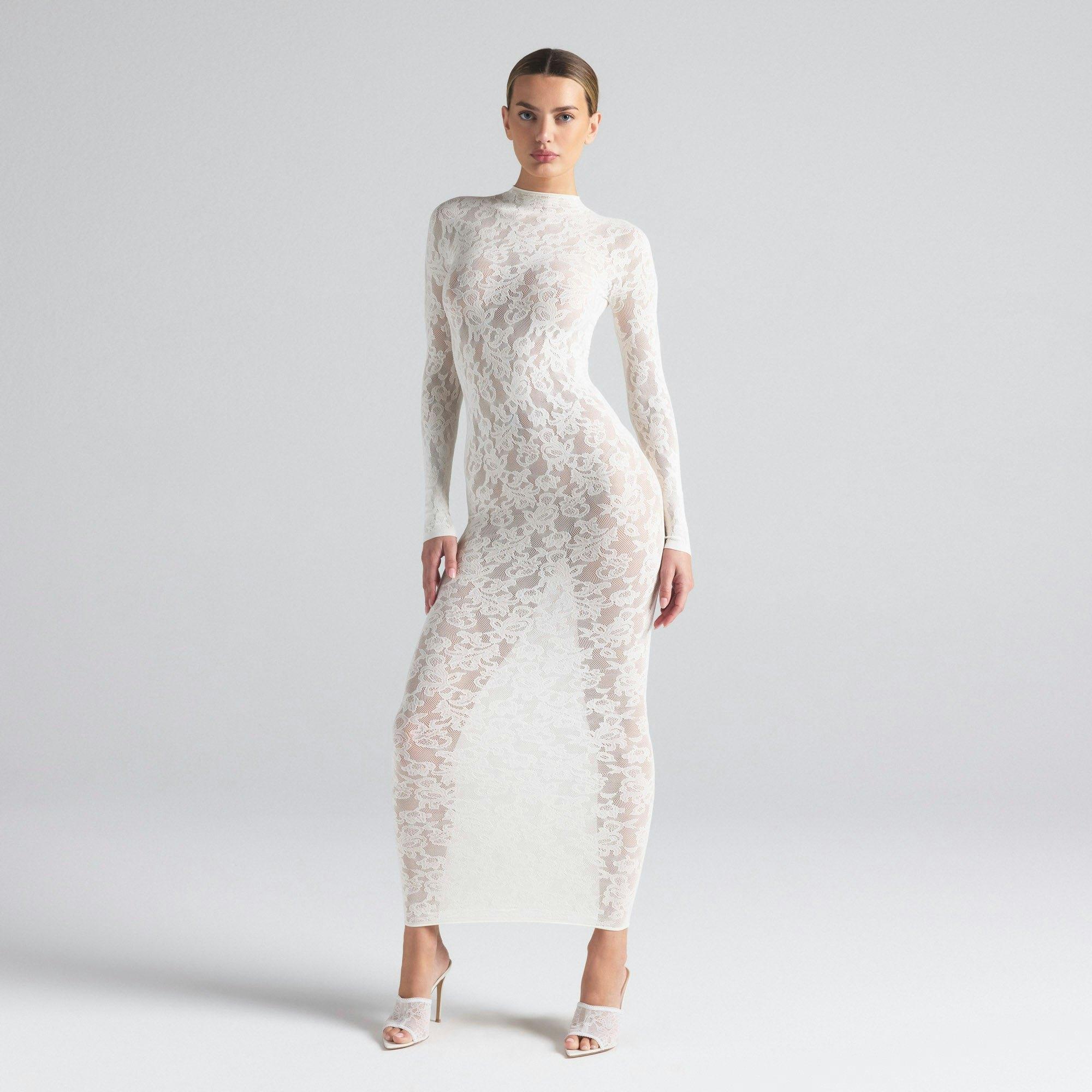 KNIT LACE MOCK NECK DRESS | IVORY Product Image