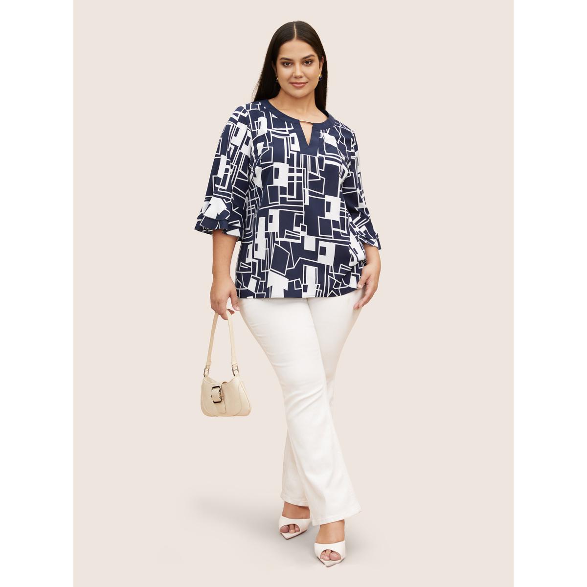 Plus Size Indigo Geometric Keyhole Ruffles Metal Detail Blouse Women At the Office Elbow-length sleeve Round Neck Work Blouses BloomChic 10/M Product Image