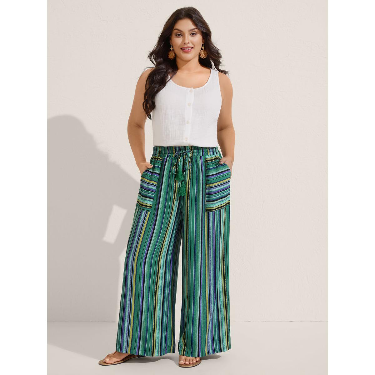 Plus Size Boho Stripes Drawstring Wide-Leg Pants Women Emerald Boho Wide Leg Mid Rise Vacation Pants BloomChic 12/L Product Image