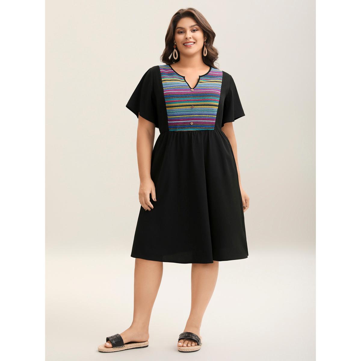Plus Size Colorful Stripes Textured Pockets Midi Dress Black Women Flat collar with V-notch Short sleeve Curvy BloomChic 18-20/2X Product Image