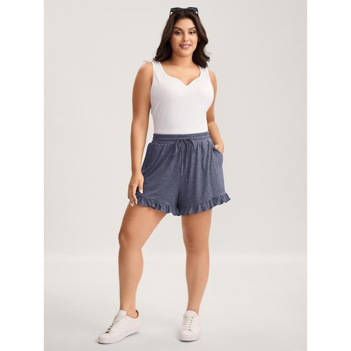 Plus Size Supersoft Mixed Color Knit Drawstring Ruffled Shorts Women Indigo Leisure Drawstring Wide Leg Casual Shorts BloomChic 14-16/1X Product Image