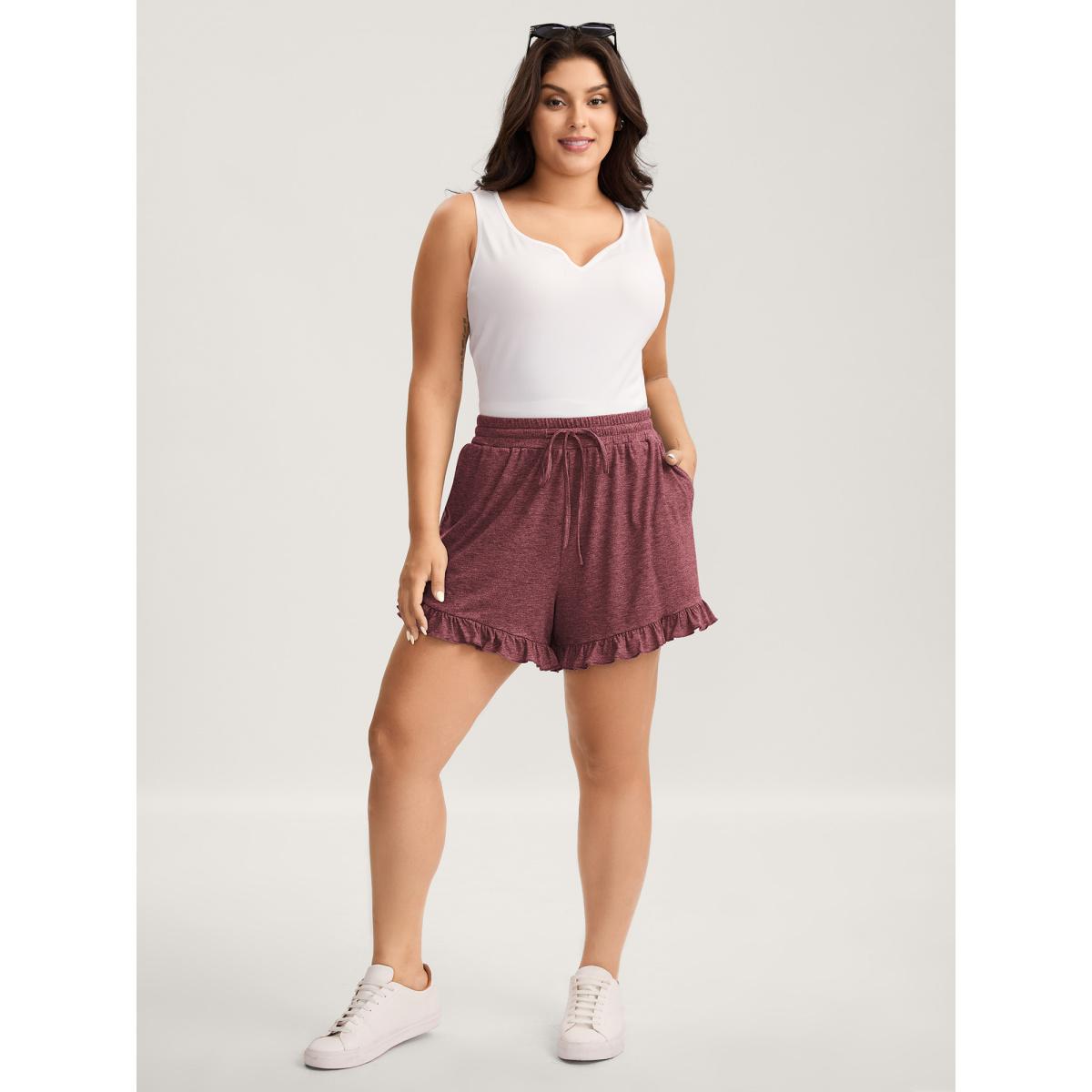 Plus Size Supersoft Mixed Color Knit Drawstring Ruffled Shorts Women Indigo Leisure Drawstring Wide Leg Casual Shorts BloomChic 14-16/1X Product Image