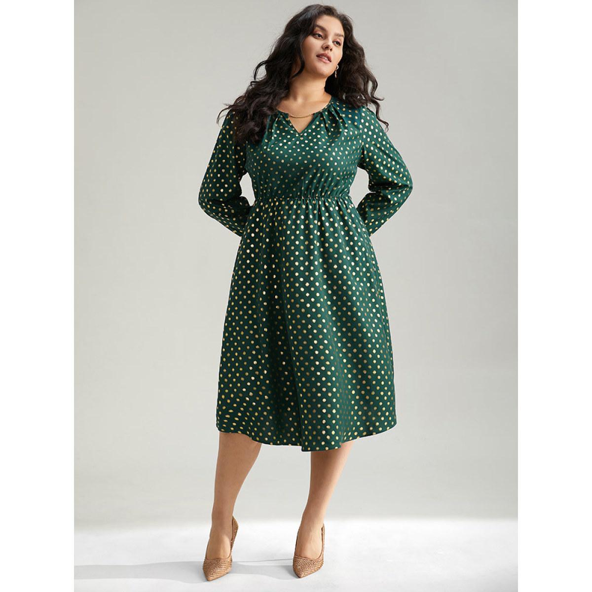 Plus Size Glitter Polka Dot Notched Elastic Cuffs Dress DarkGreen Women Elegant Elastic cuffs Notched collar Long Sleeve Curvy Midi Dress BloomChic 18-20/2X Product Image