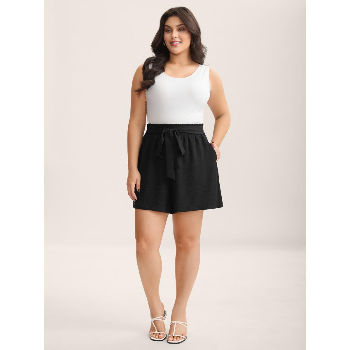 Plus Size Belted Wide-Leg Solid Shorts Women Black Leisure Tie knot Wide Leg Casual Shorts BloomChic 18-20/2X Product Image