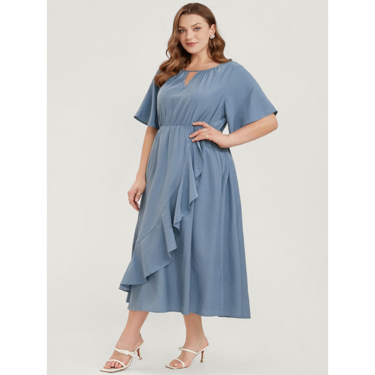 Plus Size Solid Keyhole Round Neck Pocket Ruffle Trim Rib Knit Dress Stone Women Elegant Cut-Out V-neck Short sleeve Curvy Midi Dress BloomChic 10/M Product Image
