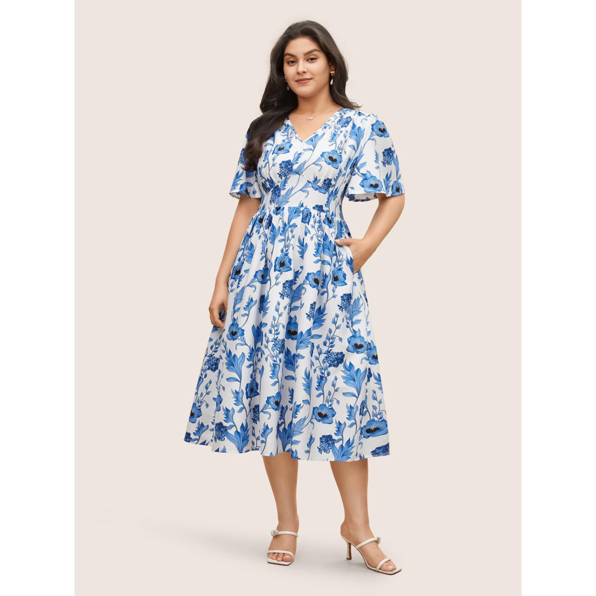 Plus Size Floral Pocket Shirred Elastic Waist Dress White Women Elegant Non V-neck Short sleeve Curvy Midi Dress BloomChic 18-20/2X Product Image