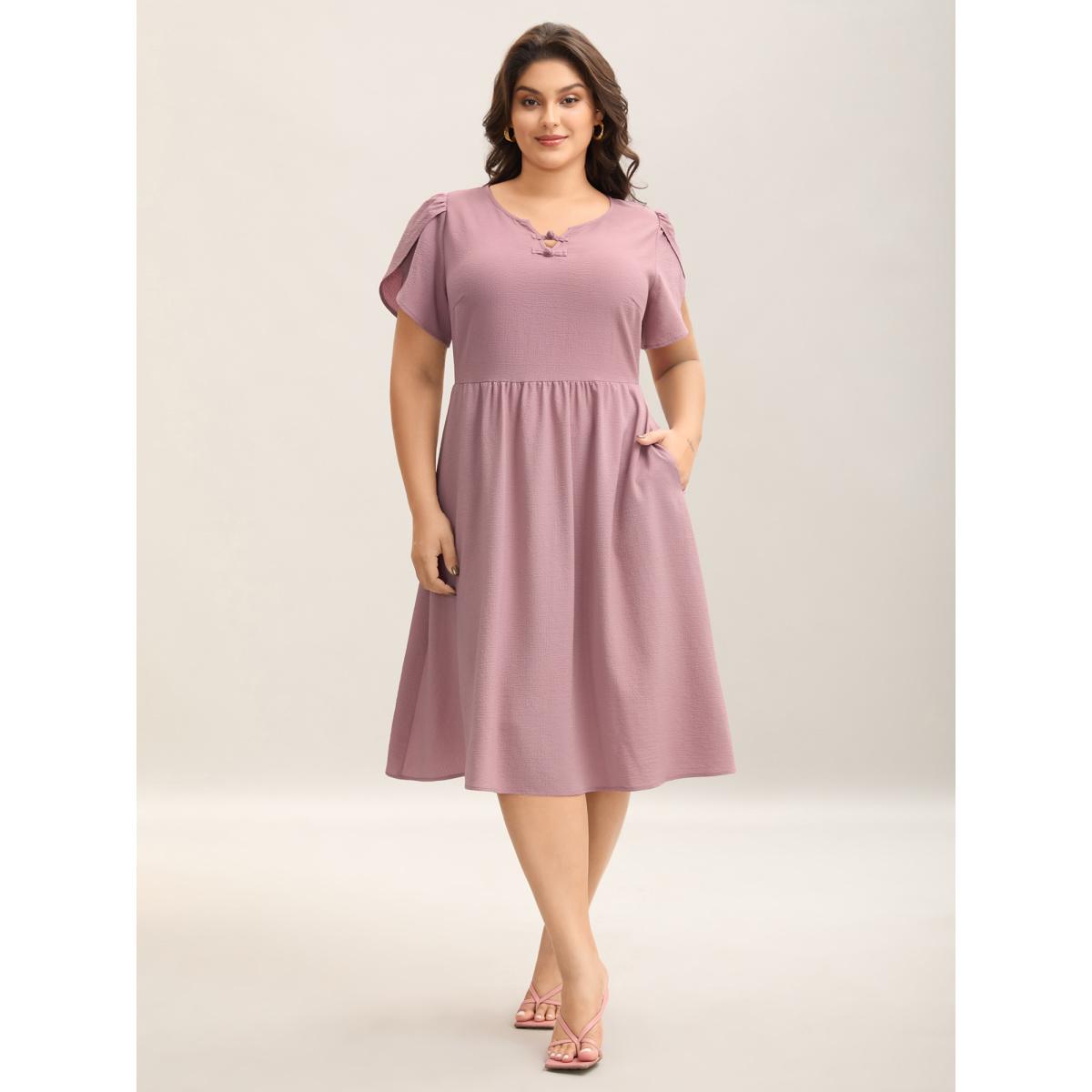 Plus Size Textured Split Neck Button Plain Midi Dress Heather Women Notched collar Short sleeve Curvy BloomChic 26/4X Product Image