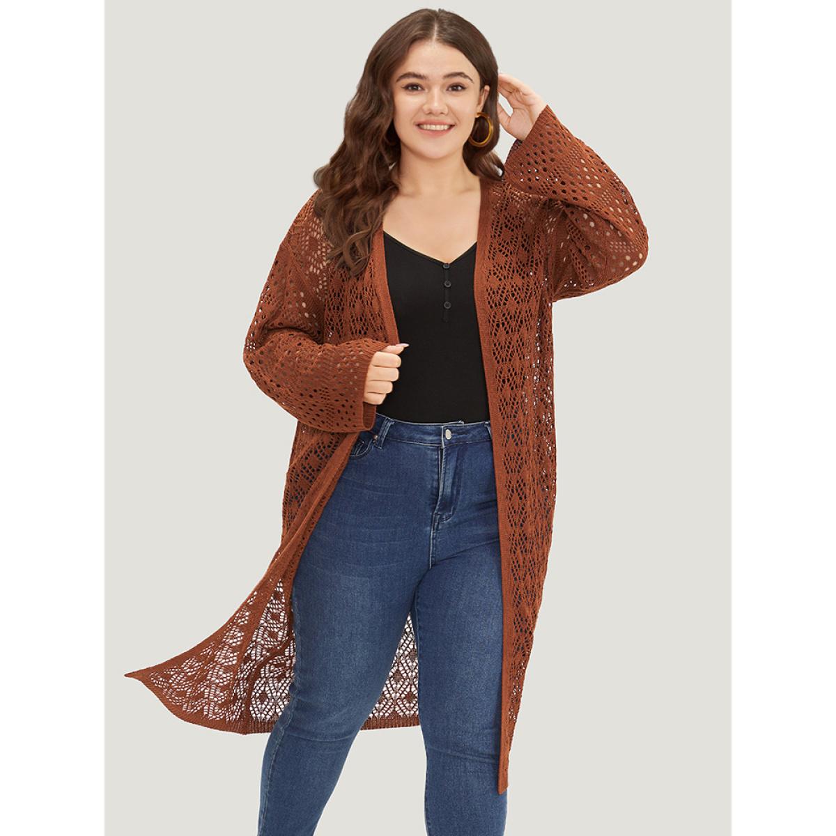 Plus Size Plain Hollow Out Split Side Maxi Cardigan Maroon Women Casual Loose Long Sleeve Dailywear Cardigans BloomChic 10/M Product Image