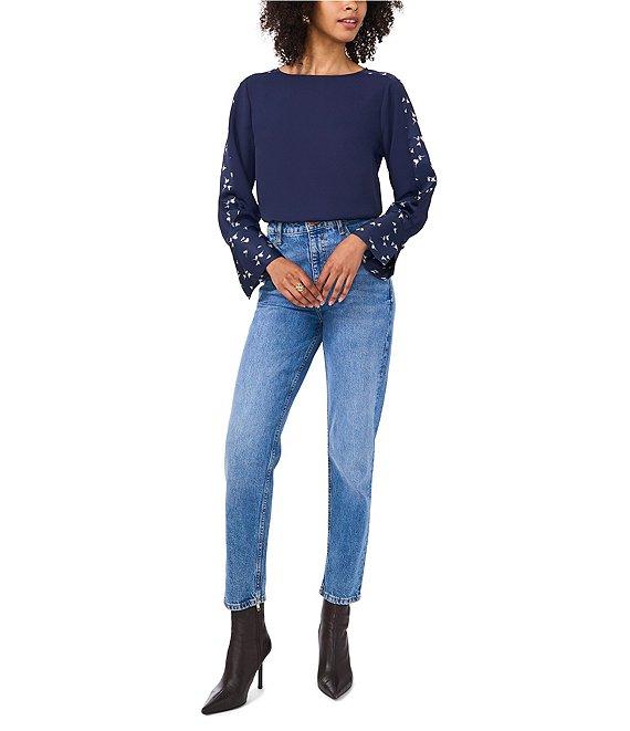 Vince Camuto Crew Neck Long Floral Sleeve Split Button Cuff Blouse Product Image