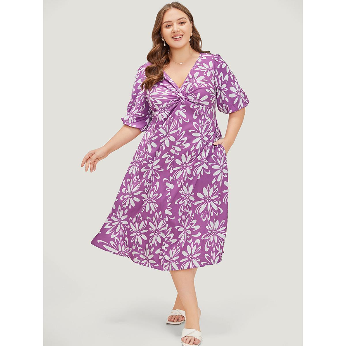 Plus Size Floral Print Puff Sleeve Pocket Twist Front Dress Lilac Women Elegant V-neck Short sleeve Curvy Midi Dress BloomChic 22-24/3X Product Image