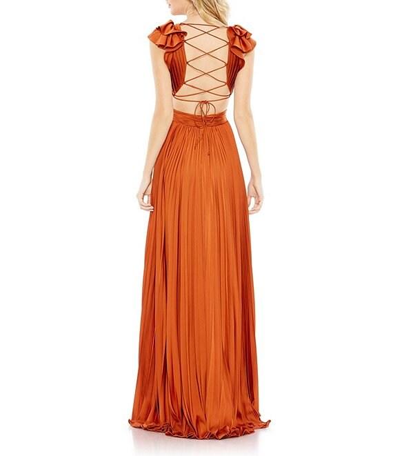 Mac Duggal Ruffled Cap Sleeve Cut Out Pleated Deep V-Neck Strappy Back Detail Satin A-Line Gown Product Image