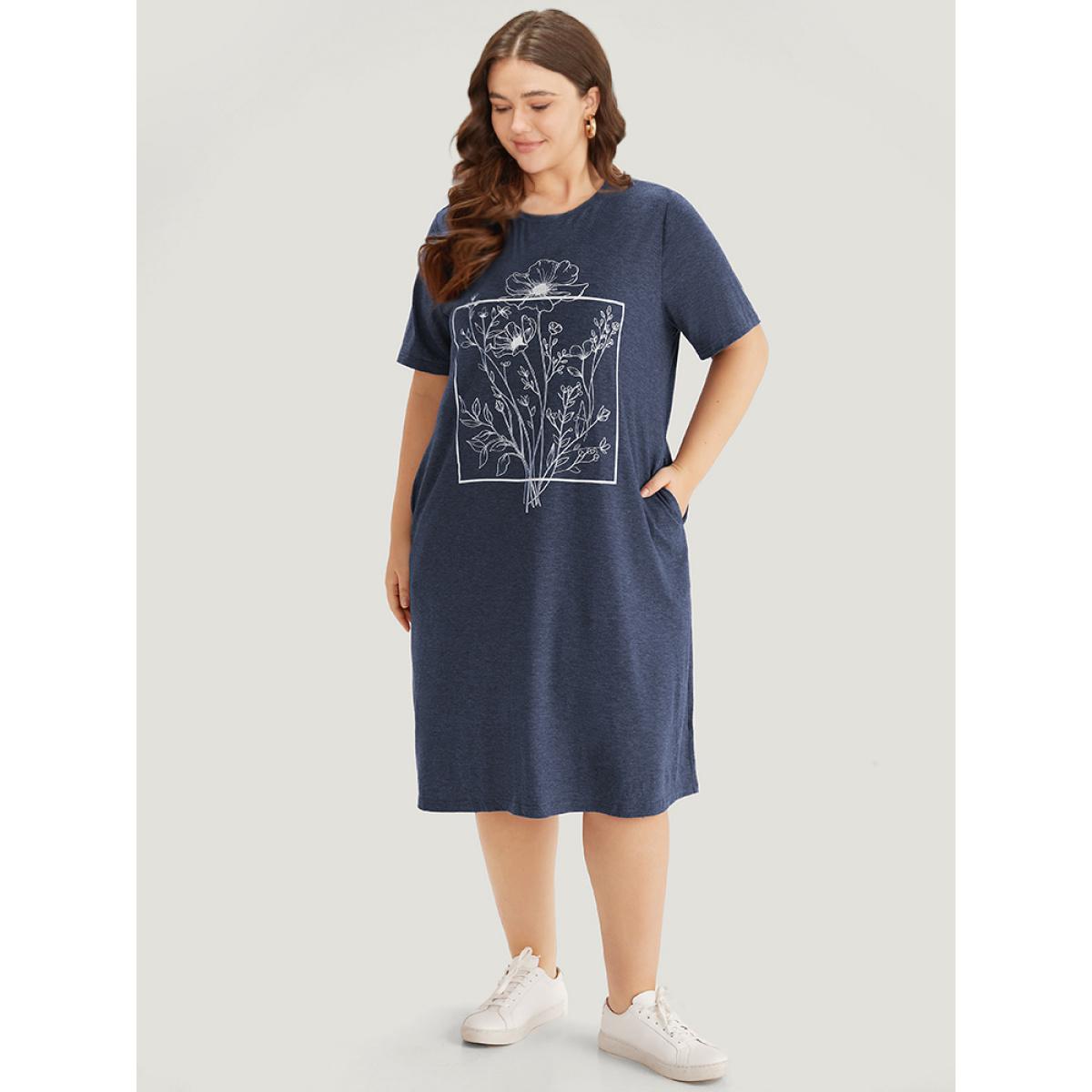 Plus Size Supersoft Essentials Floral Print Pocket Round Neck Dress Indigo Women Casual Plain Curvy Midi Dress BloomChic 22-24/3X Product Image