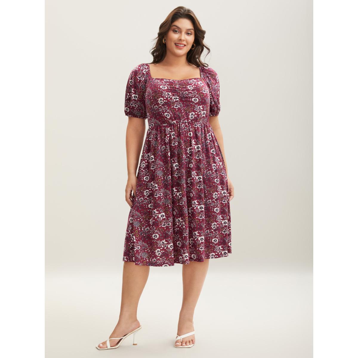 Plus Size Stretchy Ruched Bust Floral Midi Dress Burgundy Women Knit Dresses Bloomchic 10/M Product Image