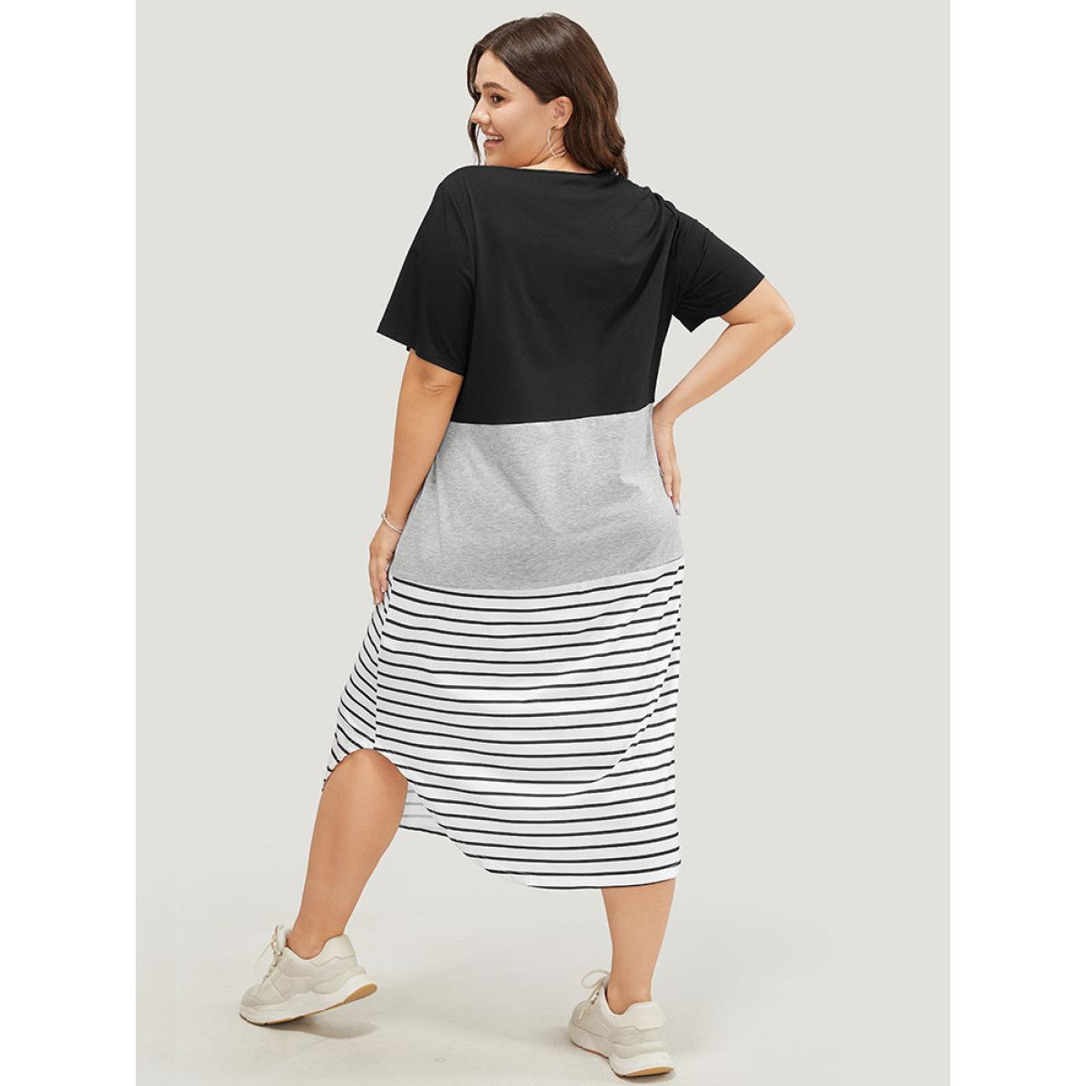 Plus Size Striped Contrast Arc Hem Pocket Crisscross Neck Dress Black Women Casual Contrast V-neck Short sleeve Curvy Midi Dress BloomChic 10/M Product Image
