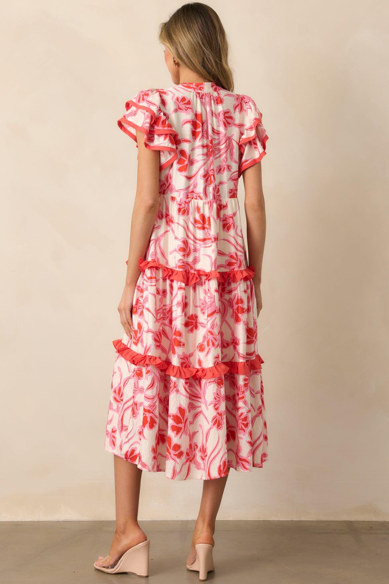 Just Right Pink Floral Flutter Sleeve Midi Dress Product Image