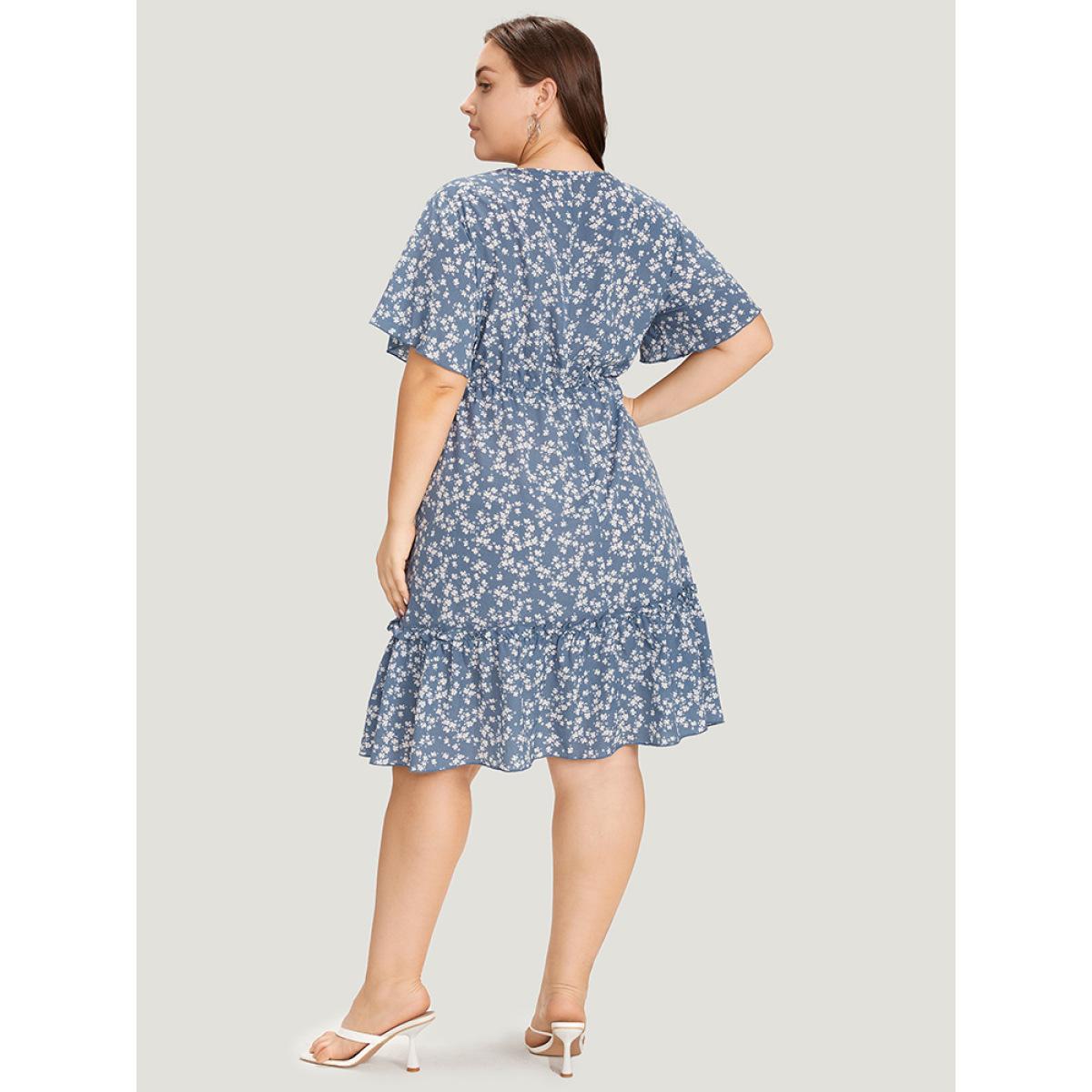 Plus Size Ditsy Floral Elastic Waist Button Detail Pocket Ruffles Dress LightBlue Women Elegant V-neck Short sleeve Curvy Midi Dress BloomChic 28/5X Product Image