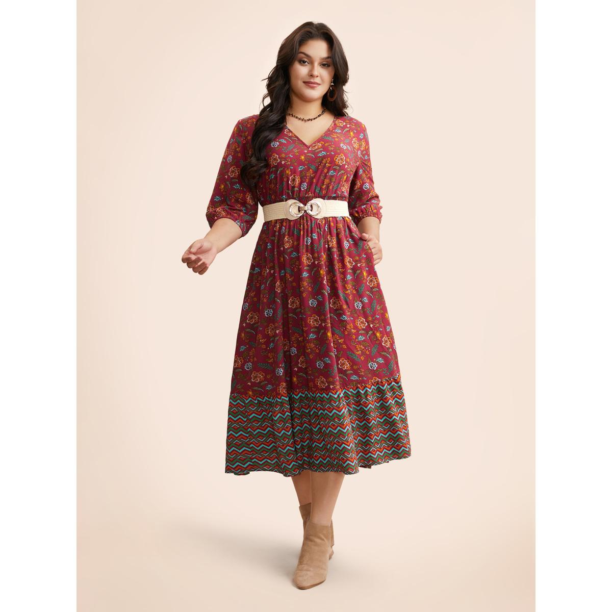 Plus Size V Neck Bandana Print Shirred Dress Burgundy Women Resort Shirred V-neck Elbow-length sleeve Curvy BloomChic 22-24/3X Product Image