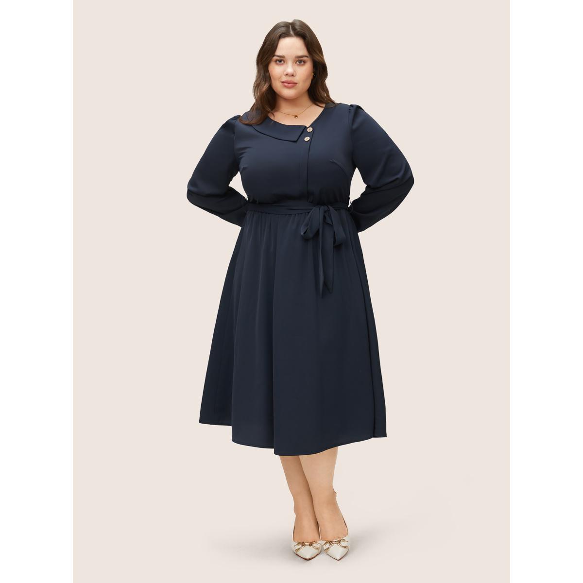 Plus Size Anti-Wrinkle Asymmetrical Neck Button Detail Dress Indigo Women At the Office Non Asymmetrical Neck Long Sleeve Curvy Midi Dress BloomChic 14-16/1X Product Image