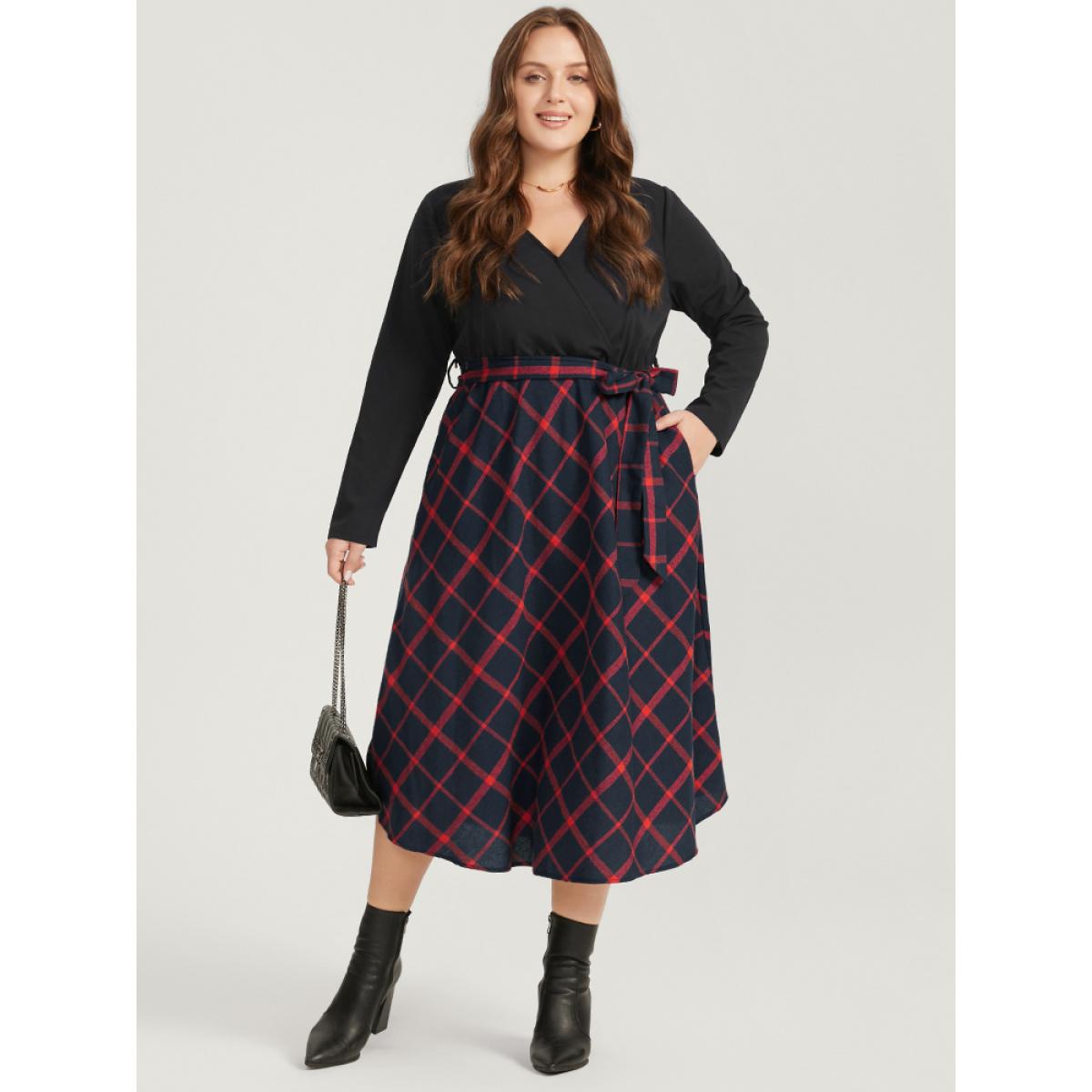 Plus Size Plaid Patchwork Pocket Belted Surplice Neck Dress Scarlet Women Elegant Belted V-neck Long Sleeve Curvy Midi Dress BloomChic 22-24/3X Product Image