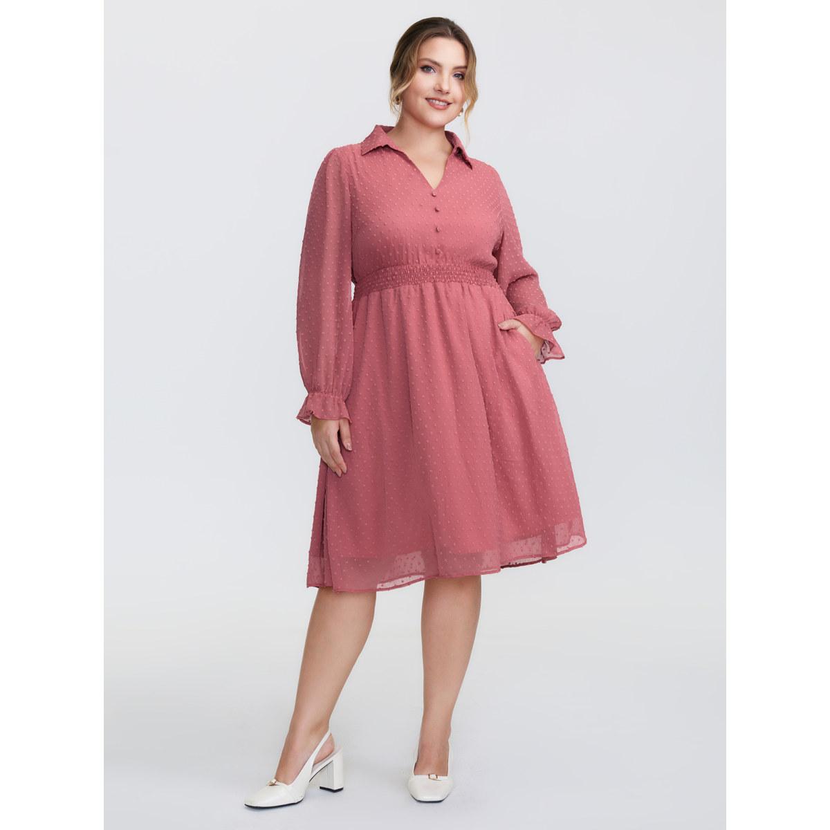 Plus Size Chiffon Texture V-Neck Shirred Waist Midi Dress Watermelon Women Timeless Texture Shirt collar Long Sleeve Curvy BloomChic 14-16/1X Product Image
