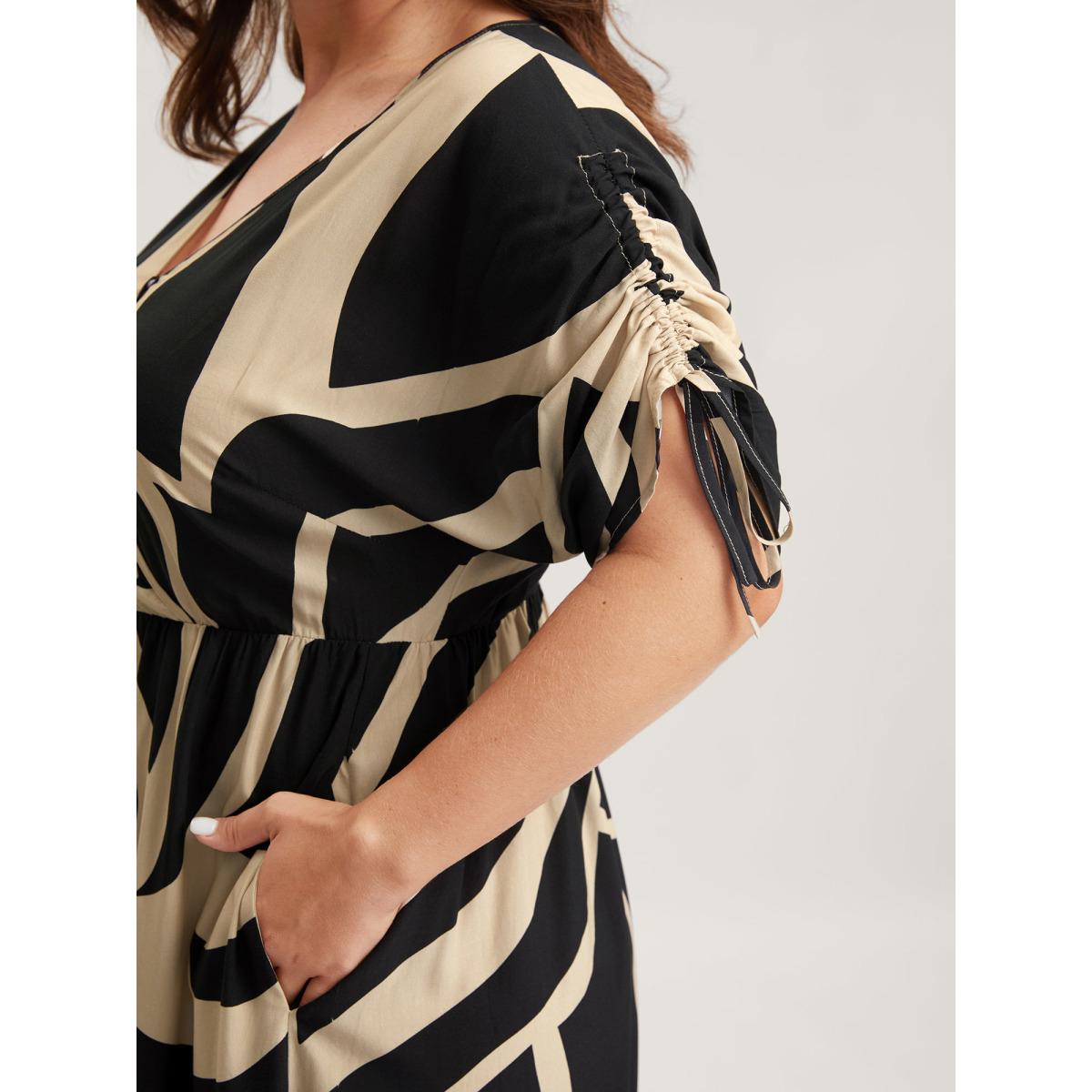 Plus Size Stretchy Waist Geometric Print Midi Dress Indigo Women Overlap Collar Half Sleeve Curvy BloomChic 30/6X Product Image