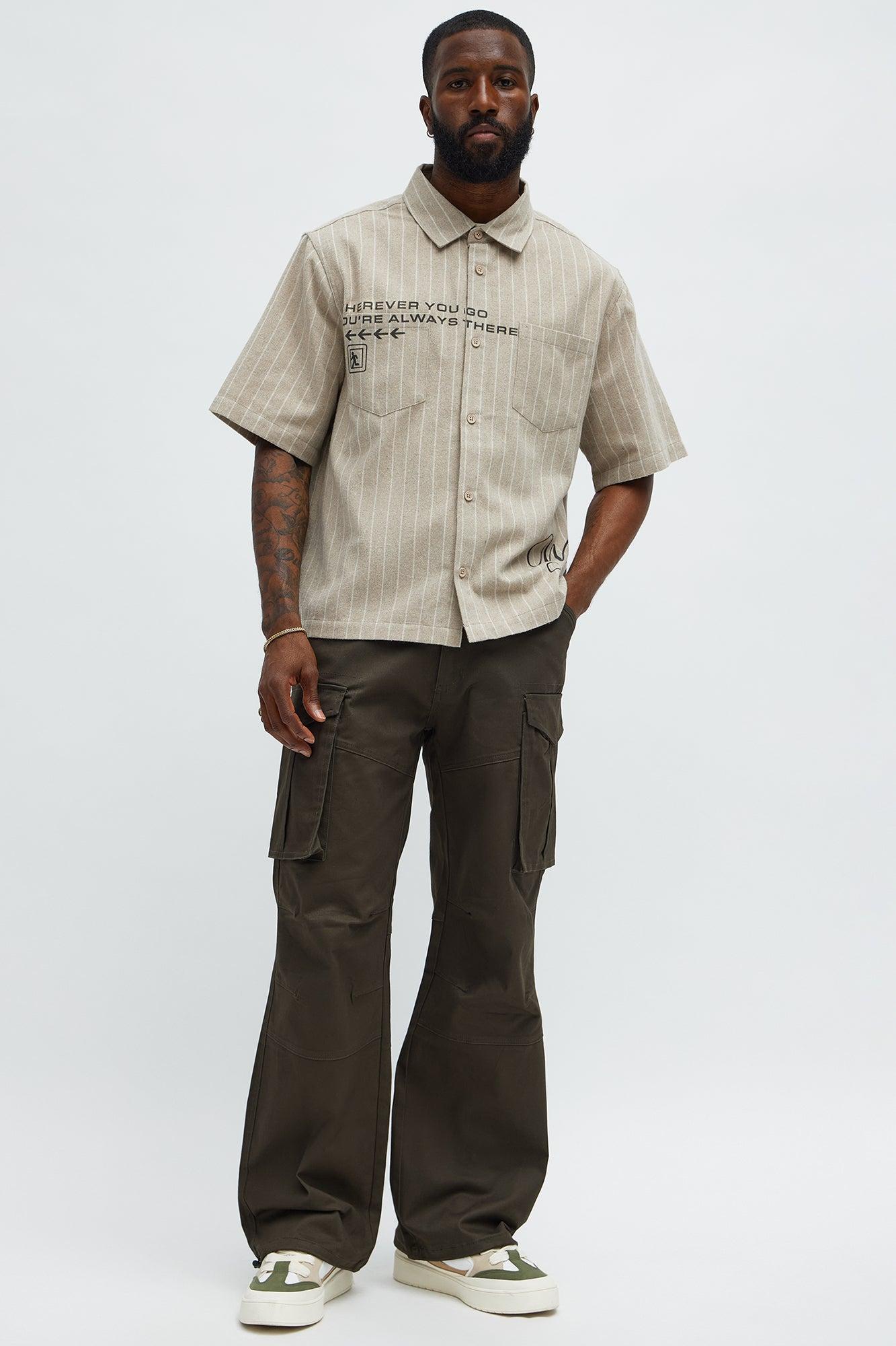 Worldwide Striped Cropped Button Up Shirt - Stone Male Product Image