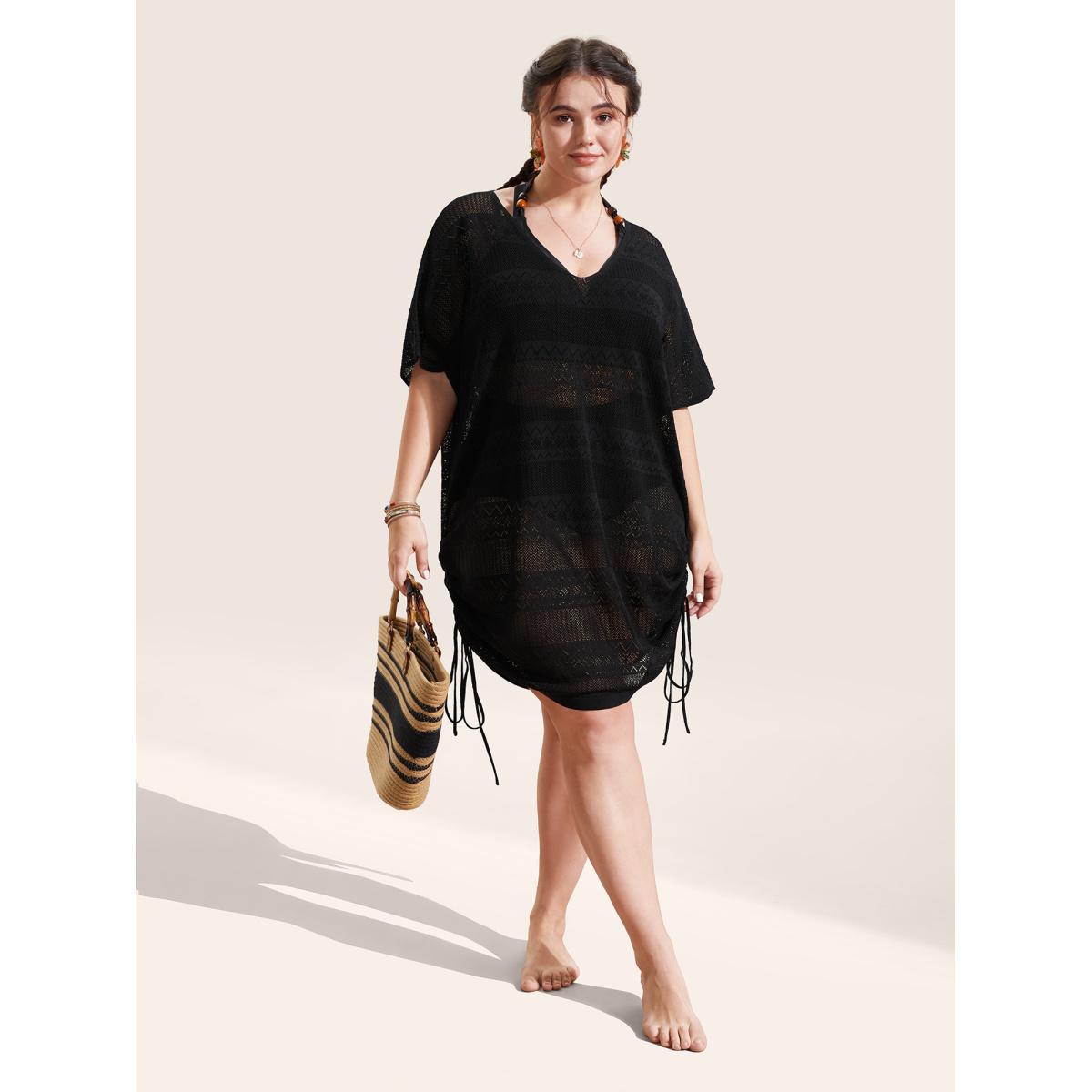 Plus Size Deep V Neck Cut Out Drawstring Swim Cover Up Women's Swimwear Black Resort Loose Cut-Out Curve Swim Cover Ups BloomChic 22-24/3X Product Image