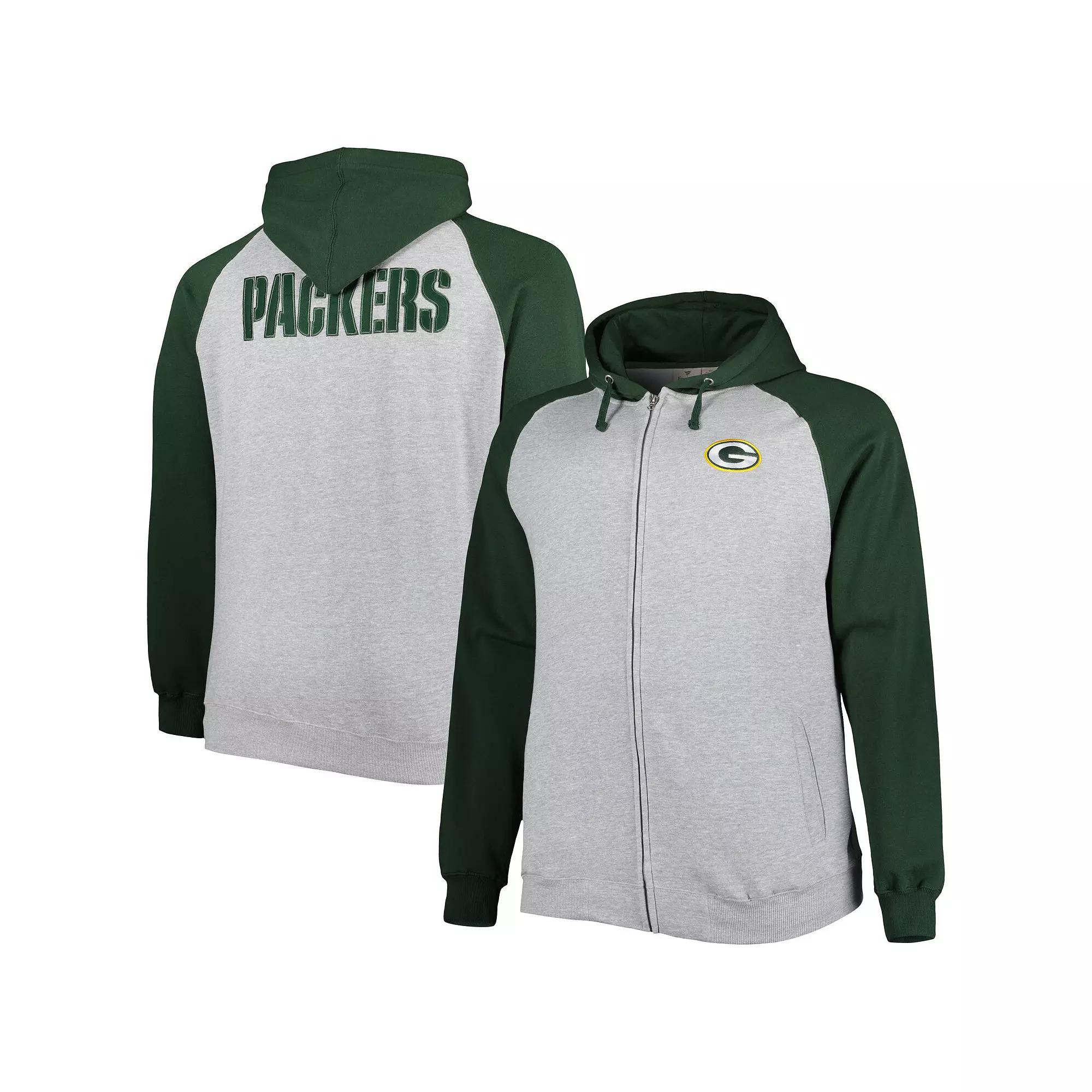 Men's Heather Gray Green Bay Packers Big & Tall Fleece Raglan Full-Zip Hoodie Jacket, Size: 3XB, Grey Product Image
