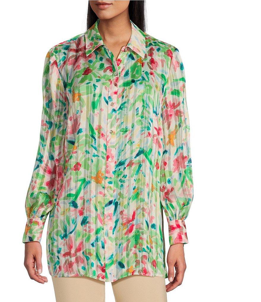 Investments Woven Multi Airbrush Floral Long Sleeve Point Collar Button Front Top Product Image