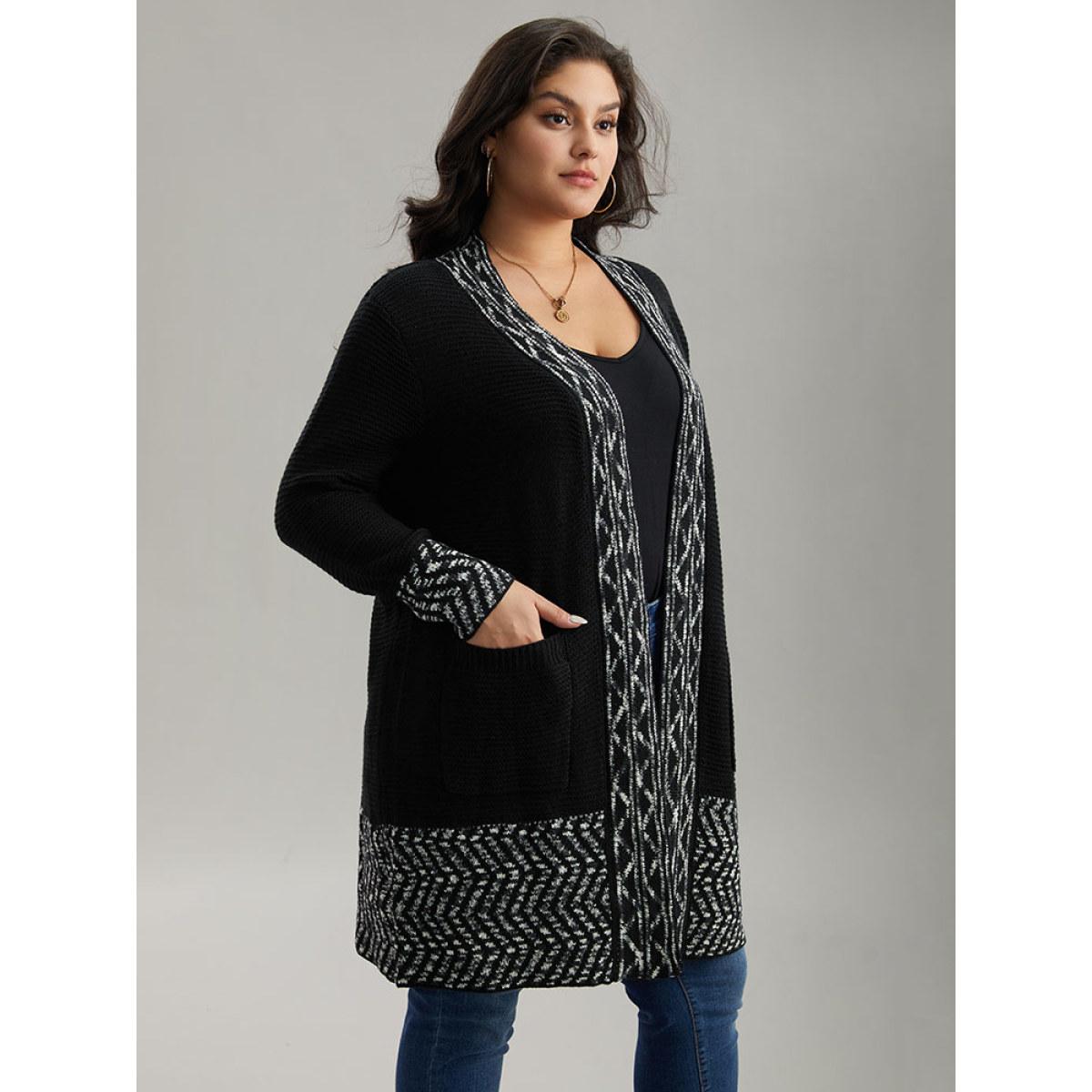 Plus Size Bandana Trim Patched Pocket Cardigan Black Women Casual Loose Long Sleeve Everyday Cardigans BloomChic 18-20/2X Product Image