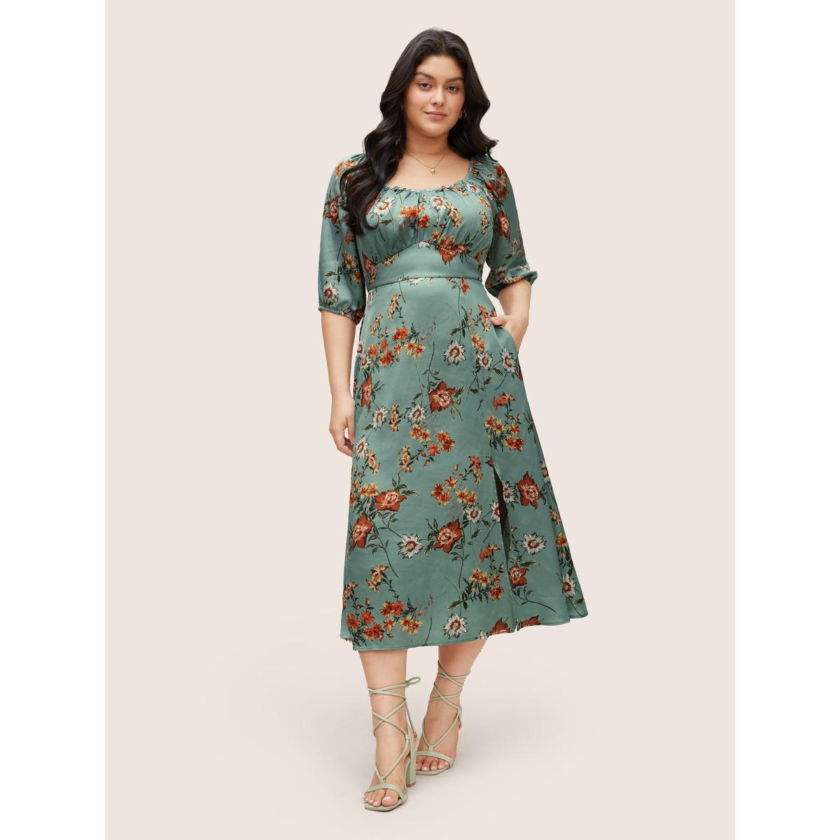 Plus Size Floral Elastic Waist Gathered Split Front Dress Mint Women Elegant Non Square Neck Elbow-length sleeve Curvy Midi Dress BloomChic 14-16/1X Product Image