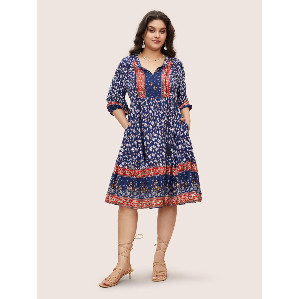 Plus Size Bandana Tassels Lantern Sleeve Ruffle Pocket Keyhole Neck Dress Blue Women Resort V-neck Elbow-length sleeve Curvy Midi Dress BloomChic 28/5X Product Image