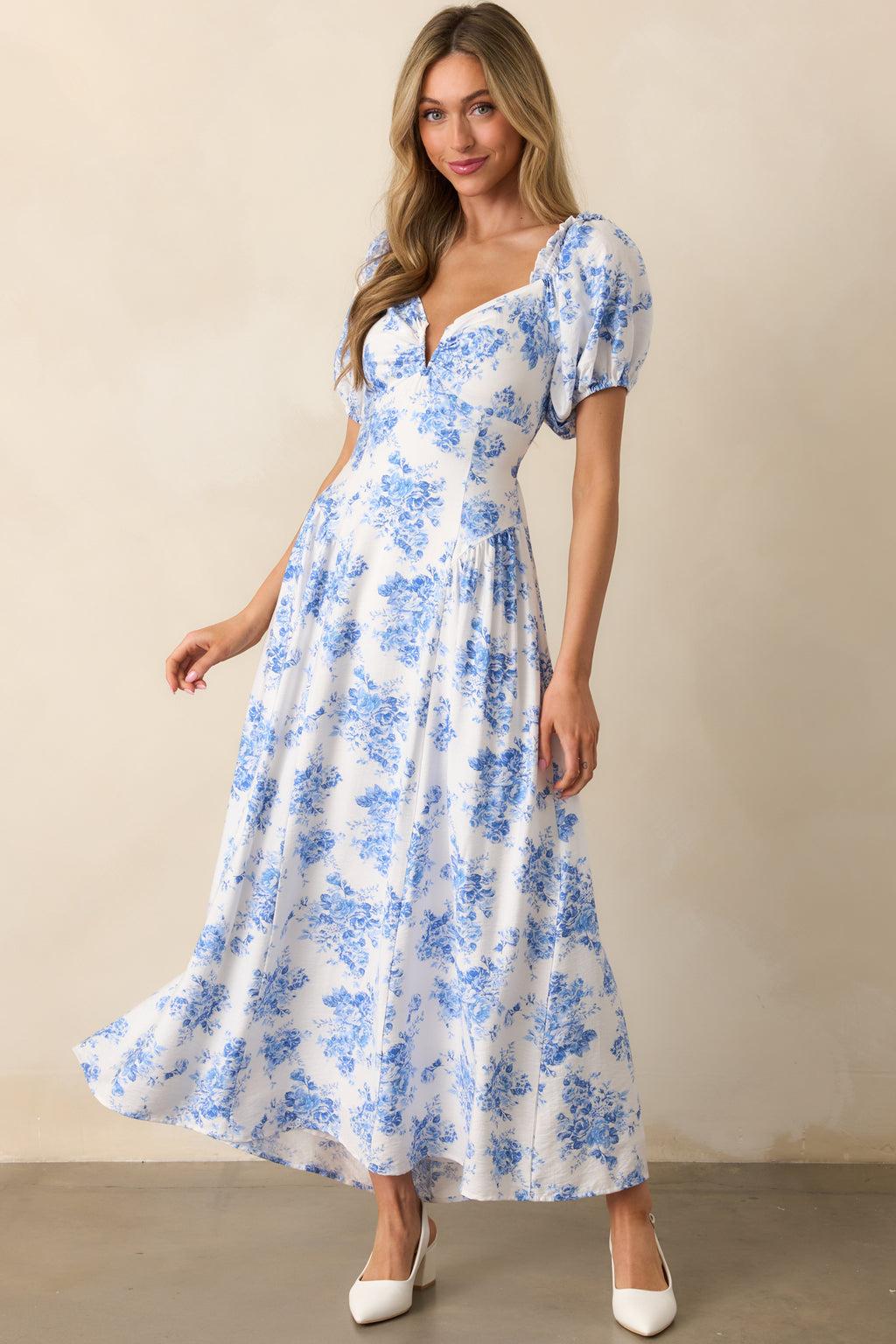 For The Dreamers Blue Floral Puff Sleeve Maxi Dress Product Image