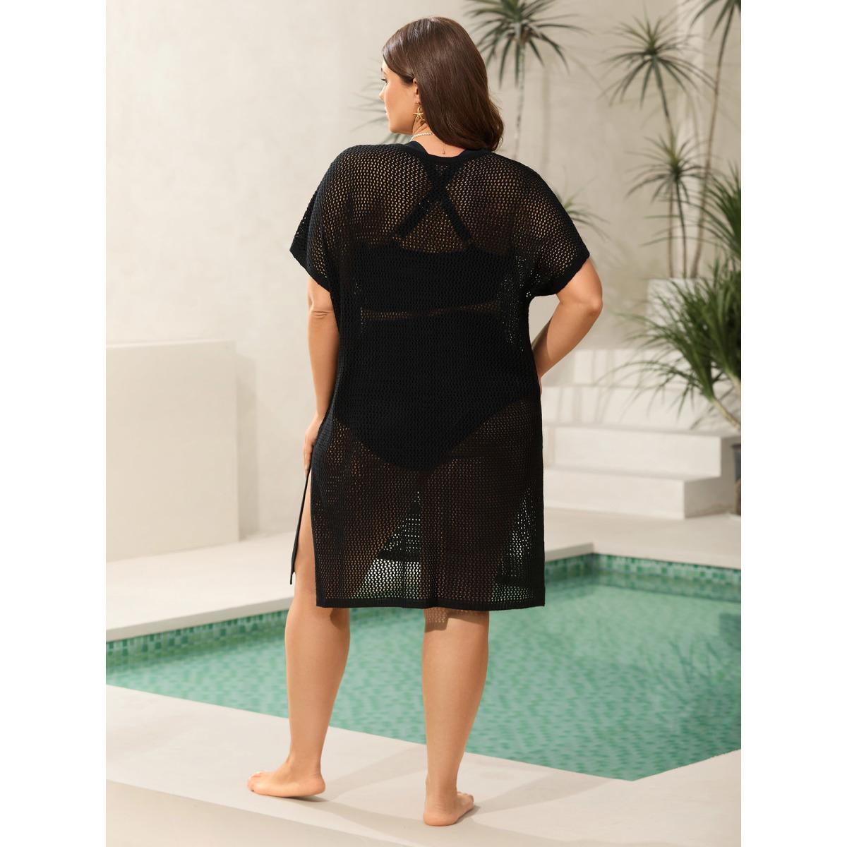 Plus Size Starfish Shell Crochet Slit Swim Cover-Up Women's Swimwear Black Beach Loose Texture Curve Swim Cover Ups BloomChic 18-20/2X Product Image